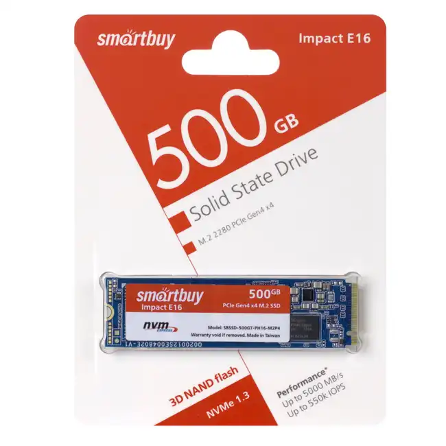 Внутренний жесткий диск SmartBuy Impact E16 500GB NVMe PCIe4x4 PS5016 SBSSD-500GT-PH16-M2P4 (SSD (твердотельные), 500 ГБ, M.2, PCIe)